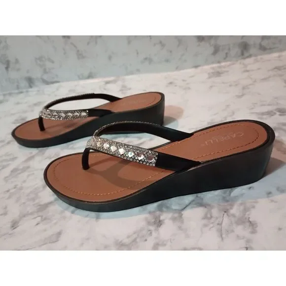 Capelli New York Black Wedge Flip Flops with Jeweled Straps Size 3-4 - Picture 7 of 9
